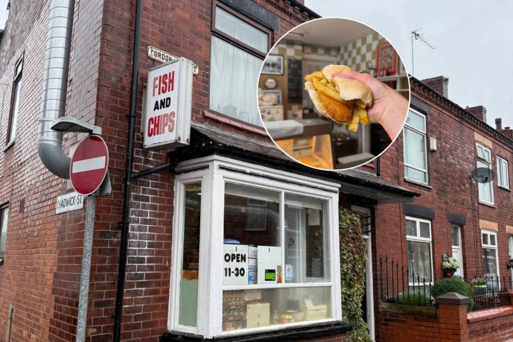 outside robbins j chippy in leigh and super barm in hand in circle