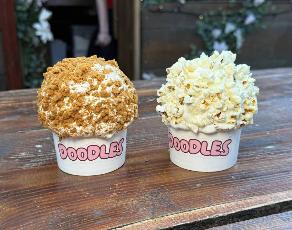 You can try elaborately loaded soft serve ice cream coated in popcorn &amp; pistachio sauce at this semi-outdoor kiosk in a hidden Manchester garden