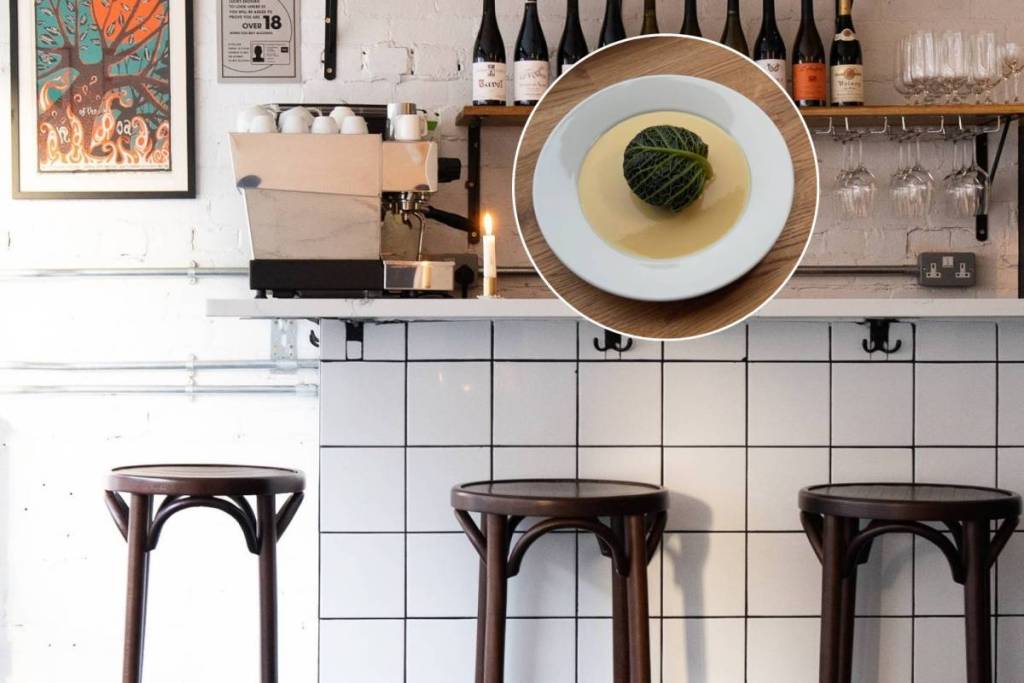 inside cantaloupe restaurant in stockport which is closing and cabbage dish in circle
