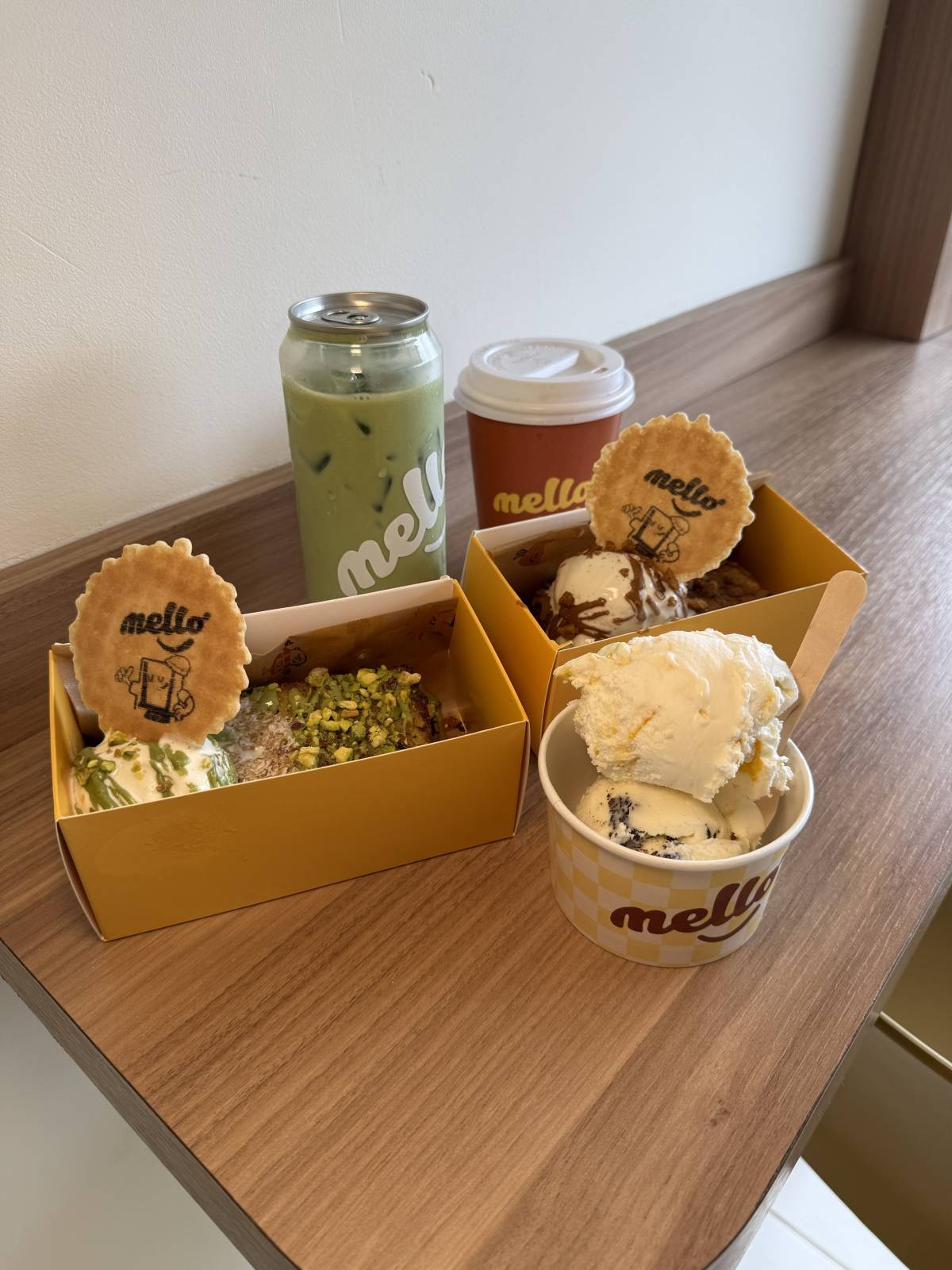 french toast, canned matcha and gelato on table at mello in didsbury, manchester
