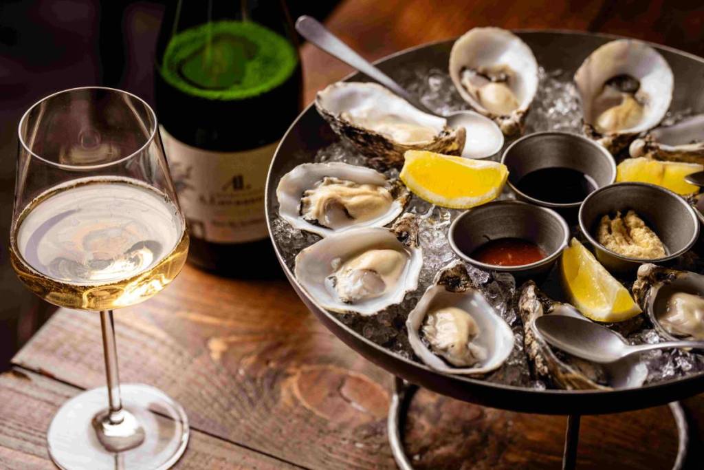 oysters and sauces on ice at almanac in glossop