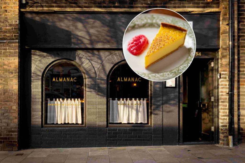 outside almanac in glossop with custard tart slice in circle
