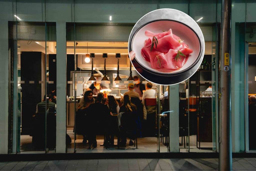 people dining inside higher ground, named in 50 best discovery list, with Cinderwood Market Garden beetroot, goat's curd and salted redcurrants in circle