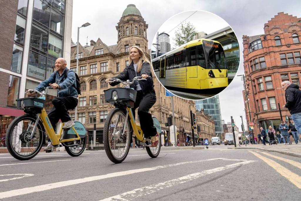 man and woman cycling down deansgate in manchester on starling bikes with yellow Metrolink tram in circle