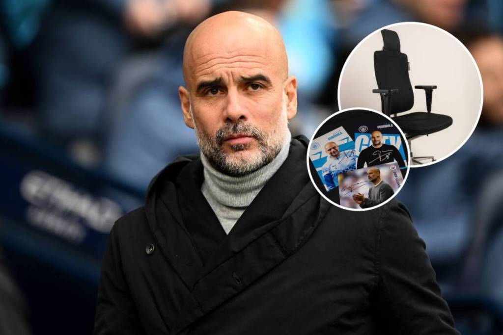 pep guardiola with office chair and signed copies of manager in circles