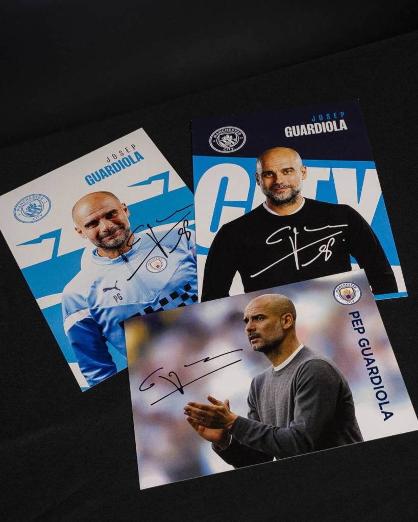 selection of signed photos of pep guardiola