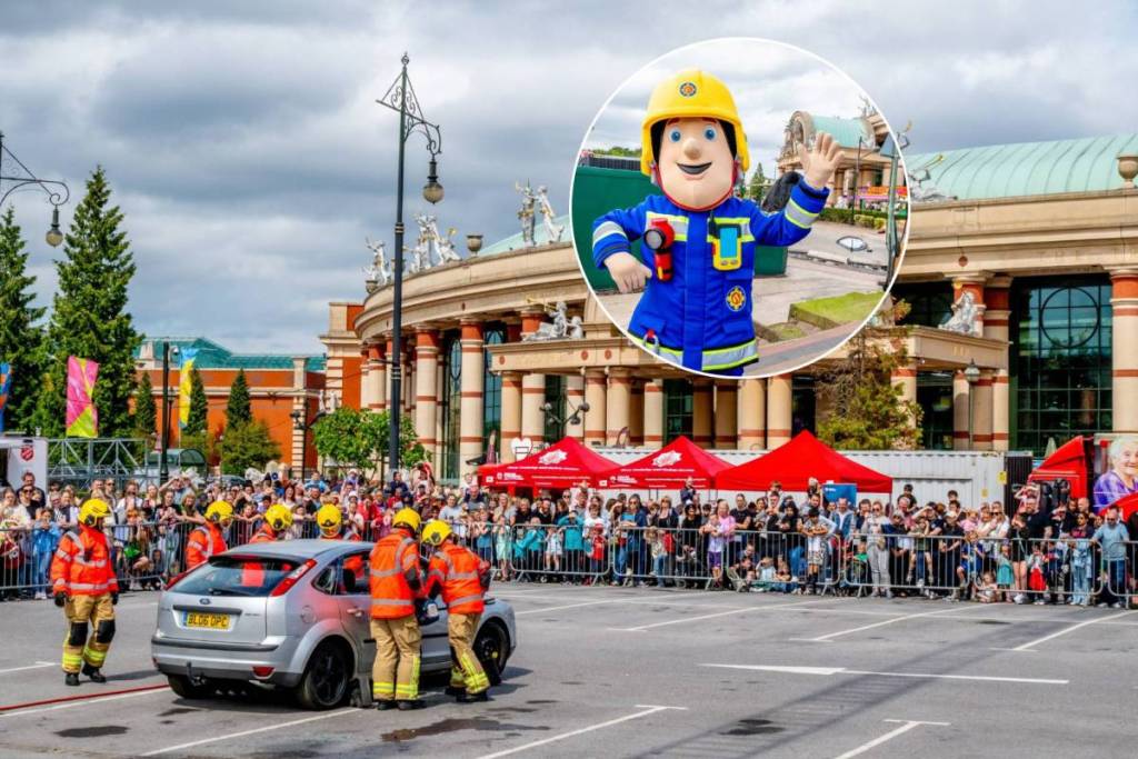 emergency services vehicle outside great hall at the trafford centre with fireman sam in circle