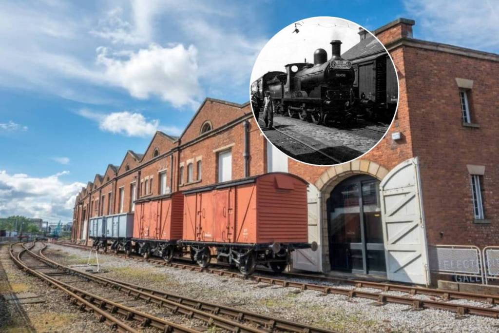 photo collage of oldest railway in the world warehouse at science ad industry museum in manchester with steam engine in circle