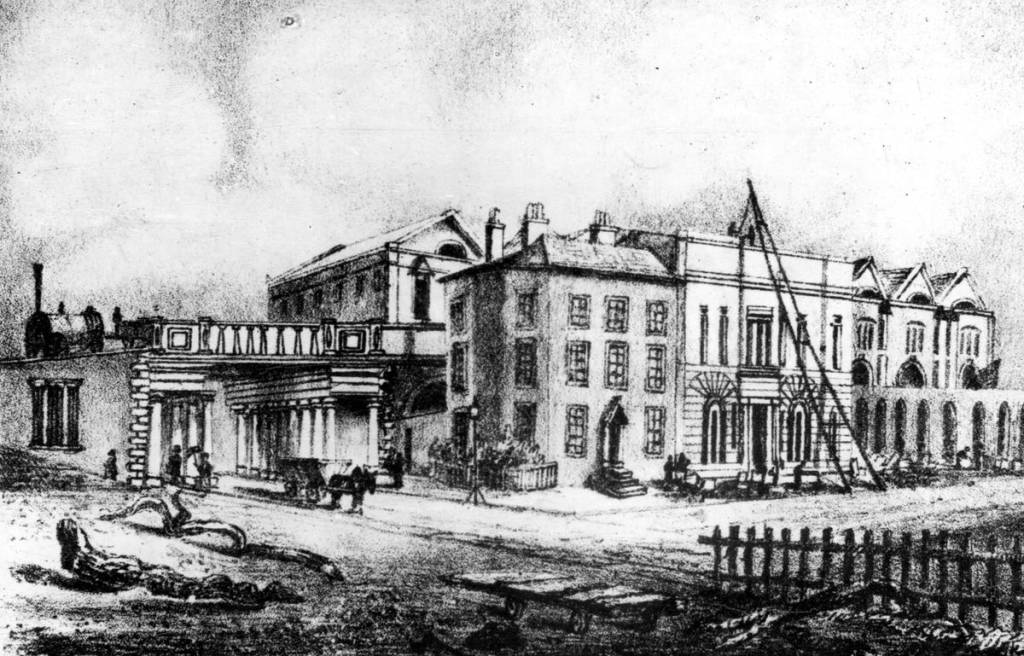 Liverpool Road Station, early print of Liverpool Road Station and Water Street Bridge, Manchester in 1830