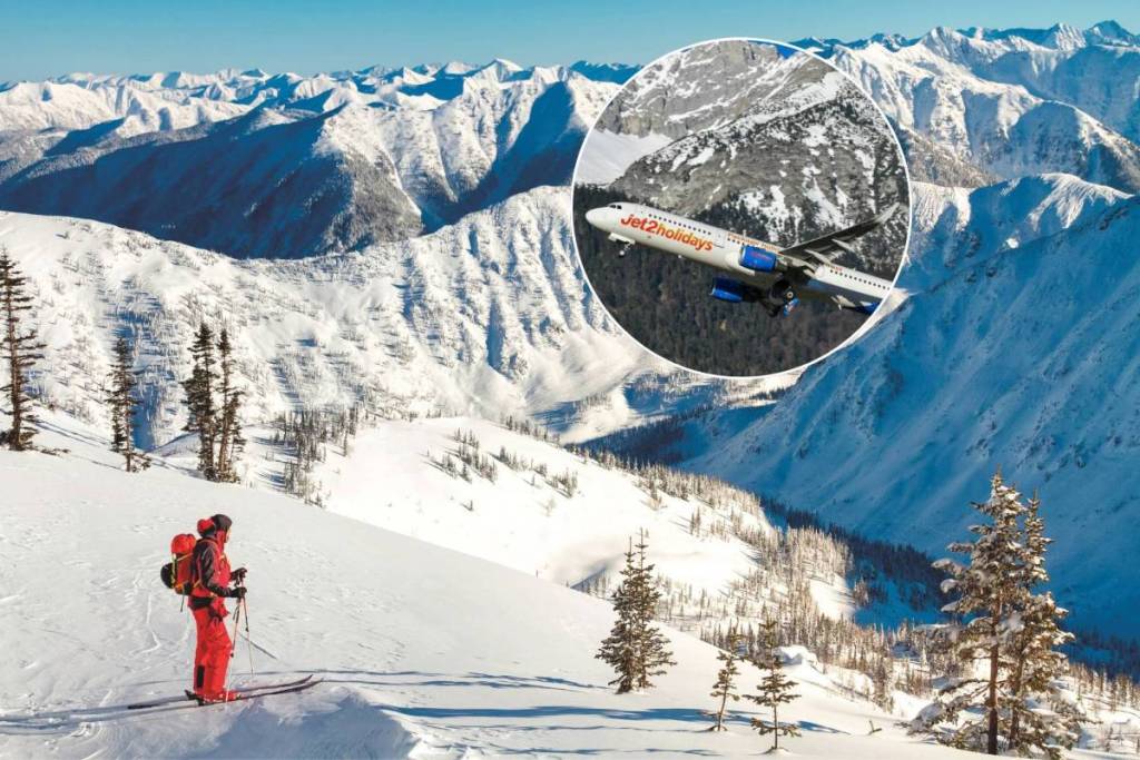 person skiing on mountain with jet2holidays plane in circle