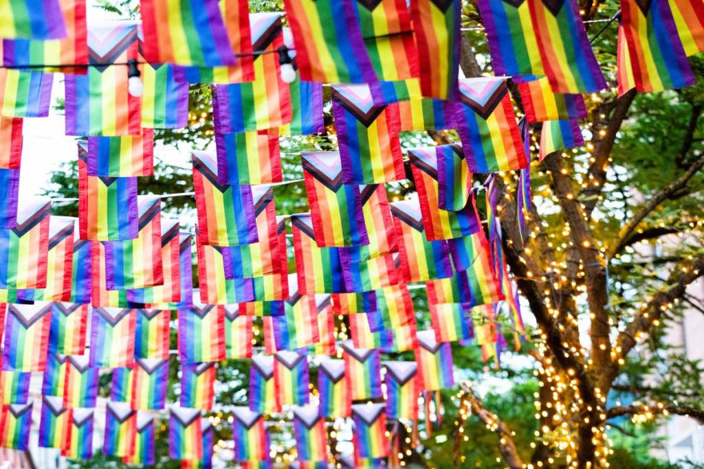 pride flags across sackville gardens in manchester
