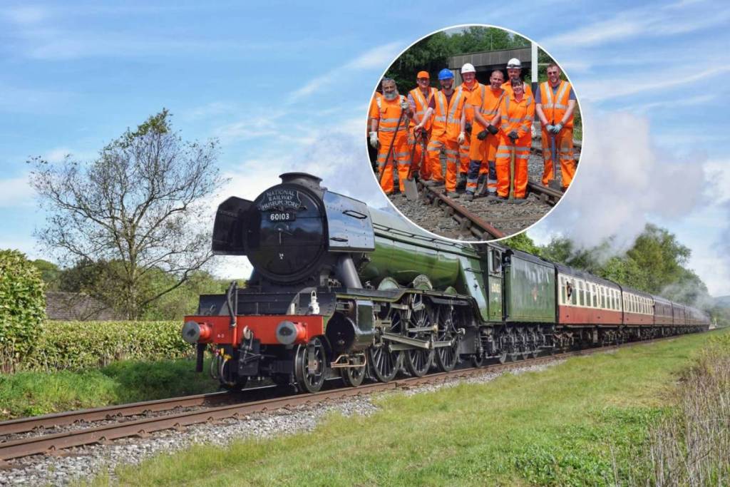 main image of steam train travelling on east lancashire railway track with Network Rail volunteers with ELR team after track repairs in circle