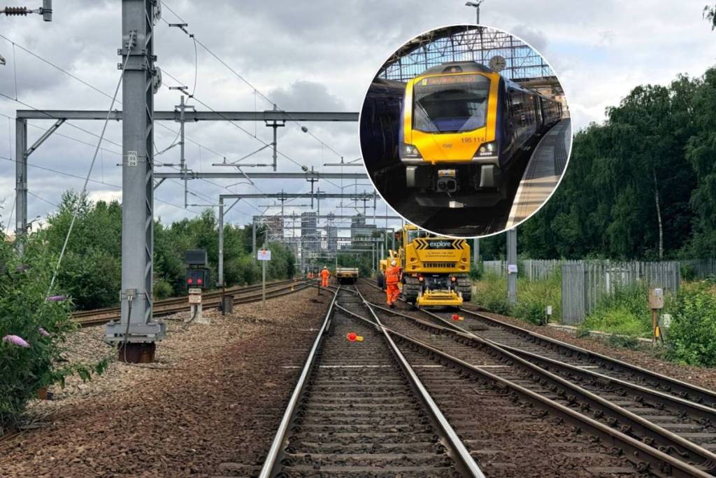 tracks on brewery junction up line in Manchester with Northern train on platform in circle