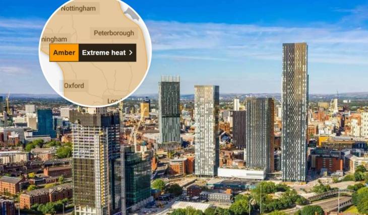 The Met Office has issued an urgent amber weather warning as temperatures are set to hit 38°C this Thursday – here’s how close it is to Greater Manchester
