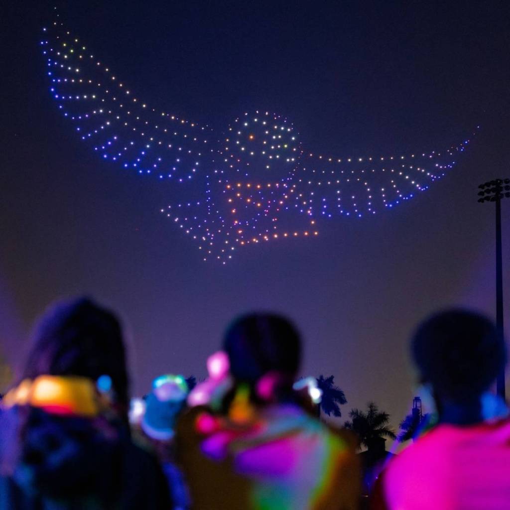 harry potter droneart show where drones form the image of an owl in the sky while people watch from the ground