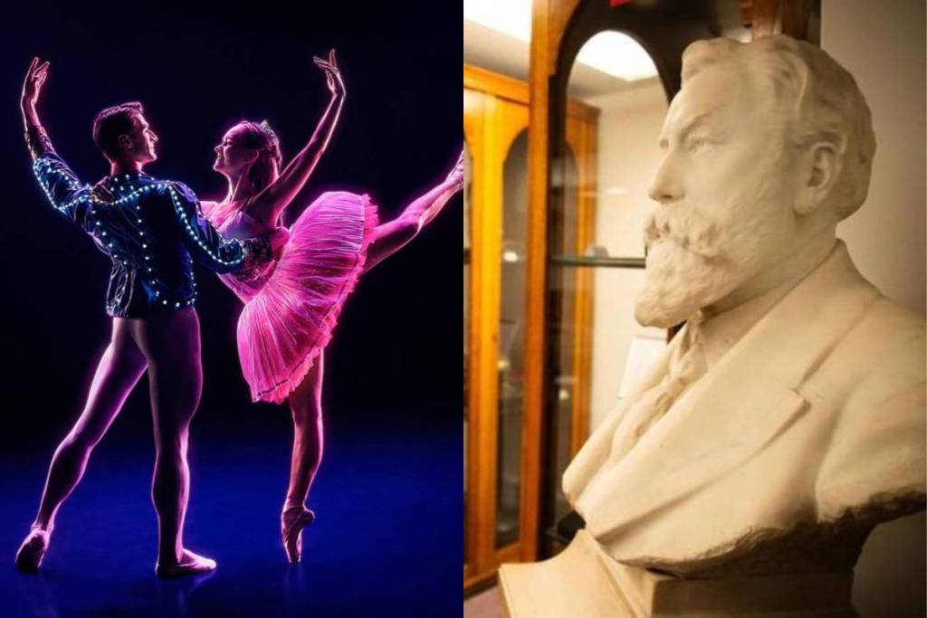 Two ballerinas performing at Ballet of Lights and a bust of a man at RNCM in Manchester