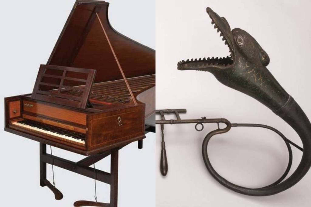 An old piano and a flute like instrument at RNCM Collection of Historic Musical Instruments in Manchester