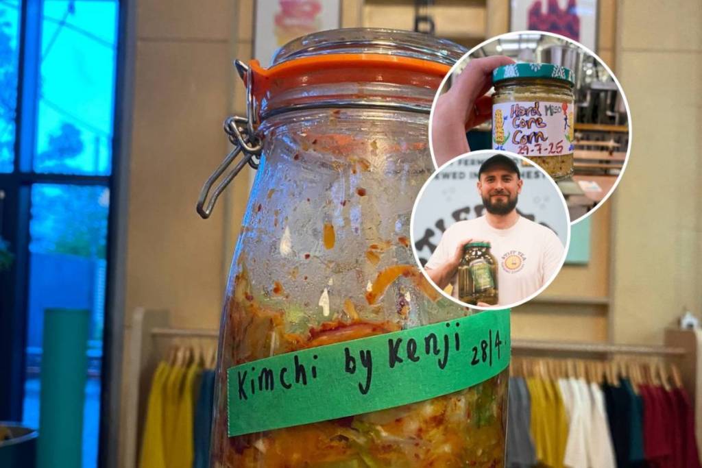 jar of kimchi in main image with man holding stiff tea kombucha in pickle jar in one circle and a jar of miso corn pickle in another circle as part of photo collage