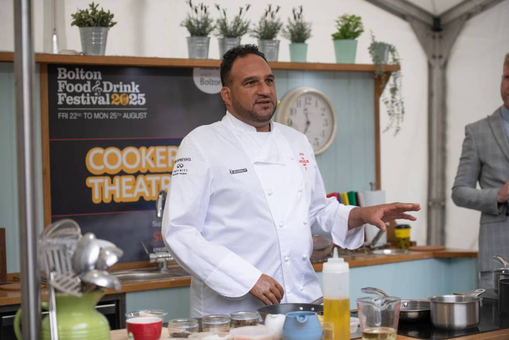 michael caines chef doing cooking demo at bolton food and drink festival