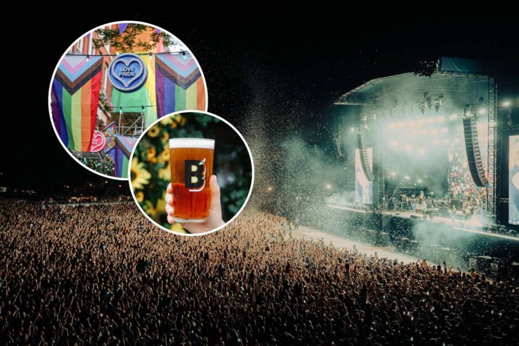 crowd at wythenshawe park with pride flags in gay village in one circle and pint of boddingtons in another circle