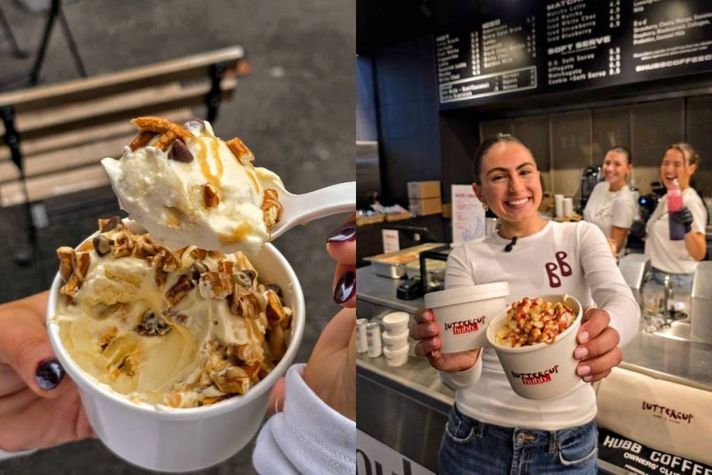 buttercup banana pudding being scooped out of pot on left and owner natasha black holding two pots of banana pudding inside deansgate general store