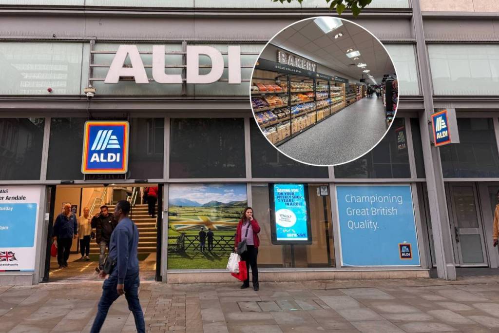 outside aldi market street store in manchester with new in-store bakery section in circle
