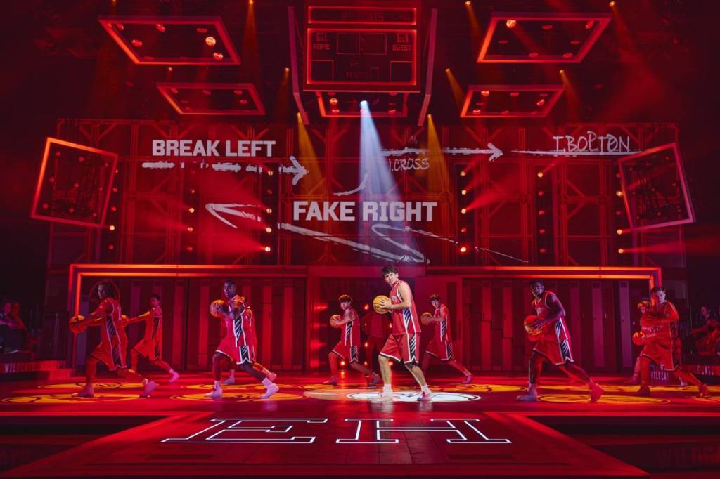 getcha head in the gam dance sequence with dancers moving with basketballs on stage of high school musical show