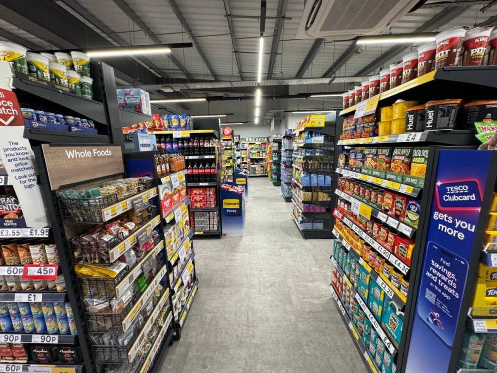 shelves and aisles inside oldham road, rochdale tesco store