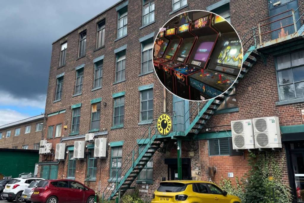 outside ela mill in bury where arcade club is located with row of arcade machines in circle as part of photo collage