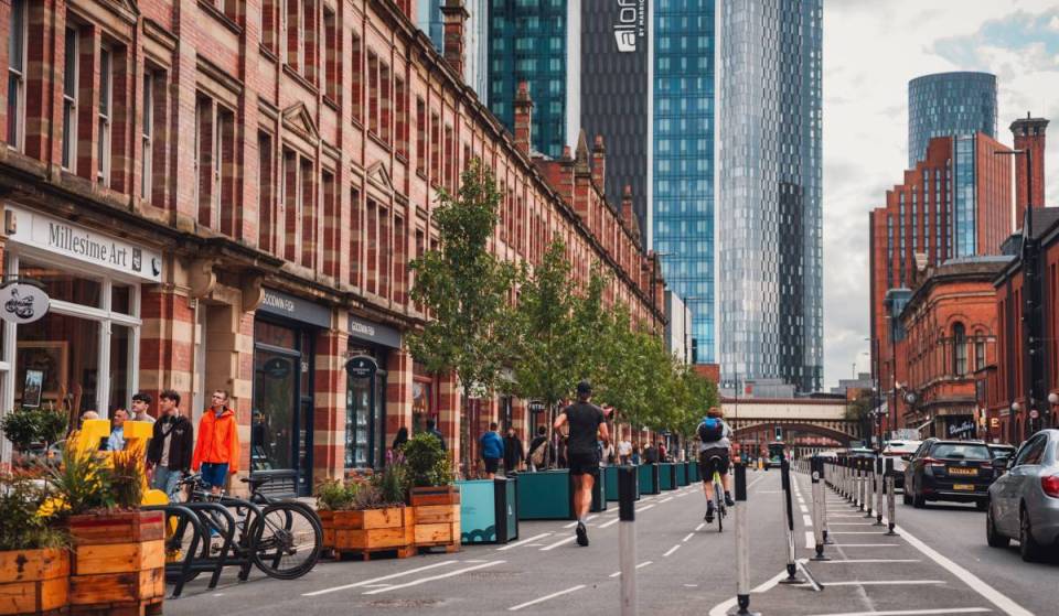 “The city is on a mission”: A 90m stretch of Manchester’s Deansgate has been transformed with 12 sweet gum trees and beehive planters made from upcycled Velodrome track wood