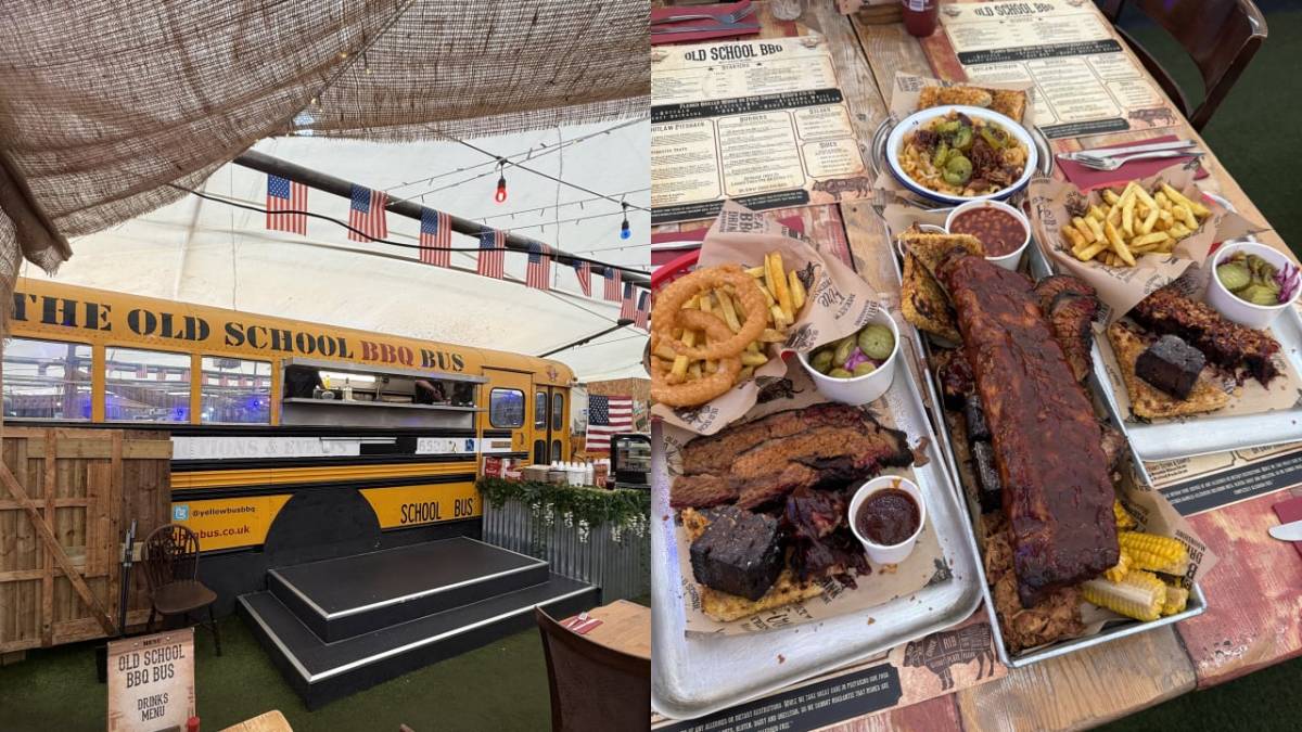 Inside the Greater Manchester smokehouse where a 1982 Arizona school bus serves 16-hour smoked brisket, peach barbecue ribs, and massive award-winning platters