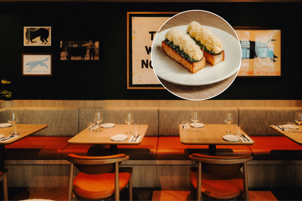 dining room interiors at little beast restaurant in medlock square, manchester with orange upholstered chairs and booth seating and cheese on toast brioche fingers in circle in top right corner