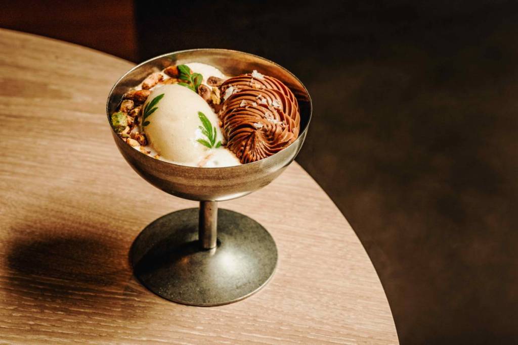 “s’more” dark chocolate namelaka with bergamot & white balsamic caramel, frozen marshmallow 