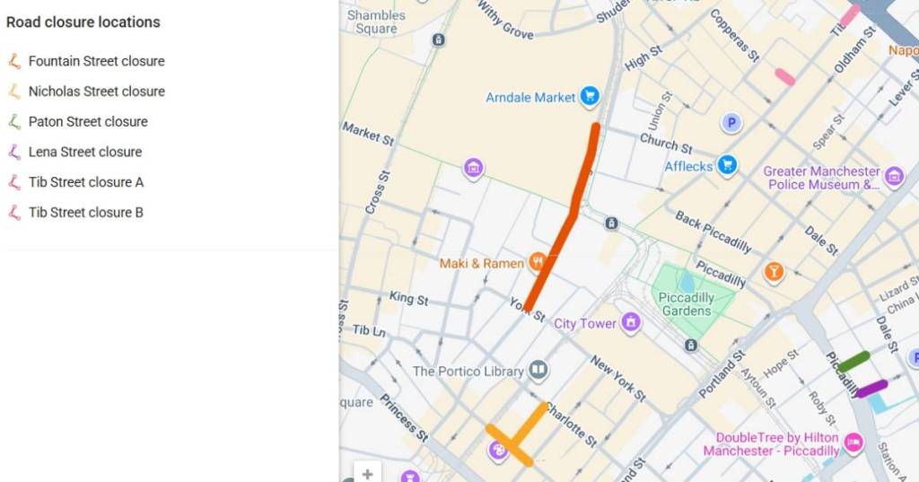 manchester streets closed pedestrianised map