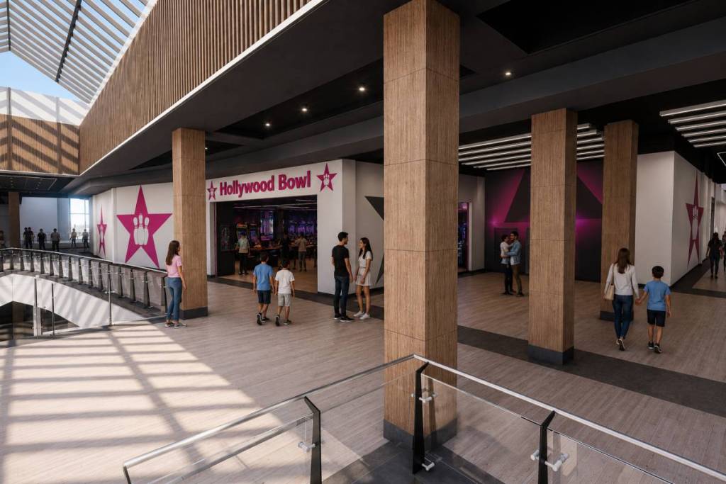 cgi of hollywood bowl entrance at quayside leisure hub in salford