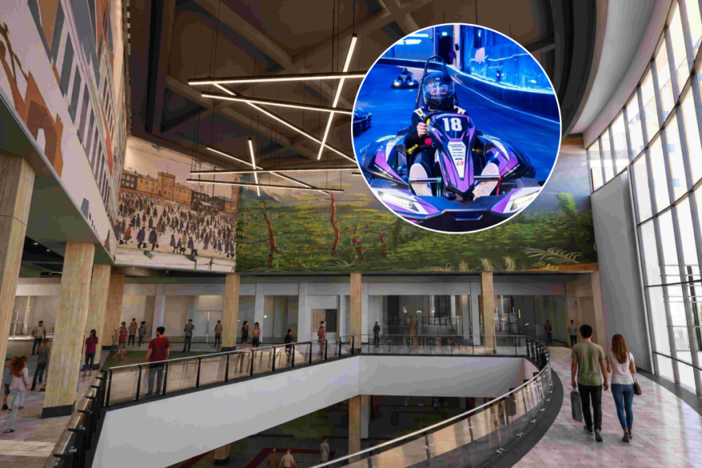 cgi of quayside interior with hyperkarting kart on track in circle in top right corner