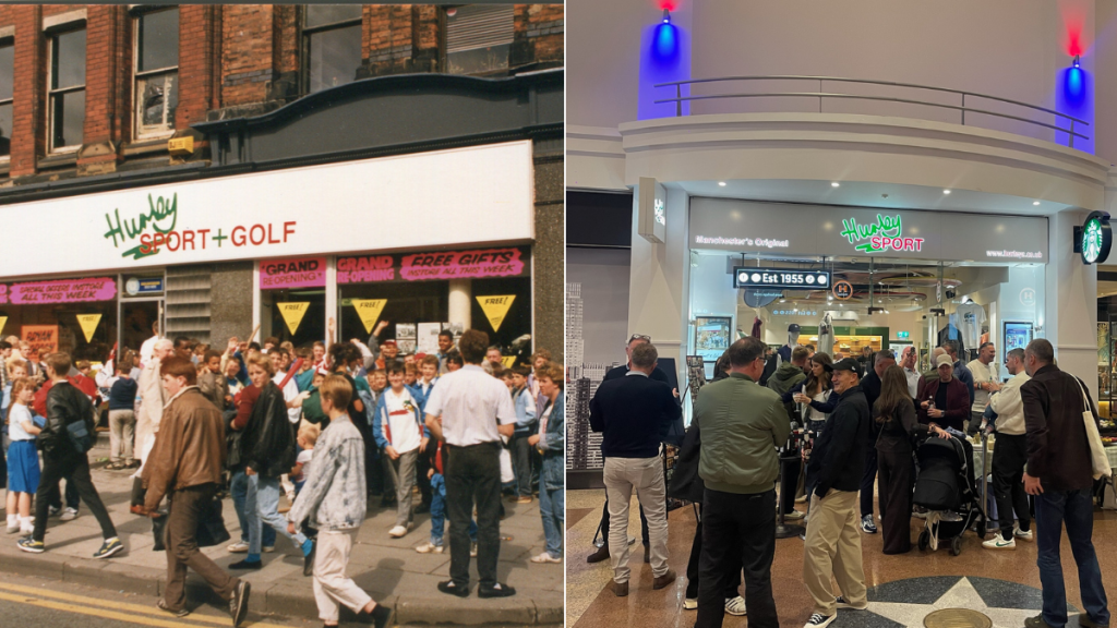split image of hurley sports manchester piccadilly shop in the 80s and the newly-opened hurley sports shop at middlebrook retail park