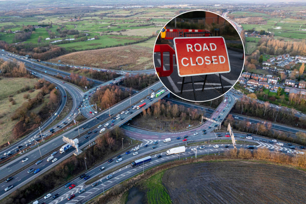 simister island from above with road closed sign in circle