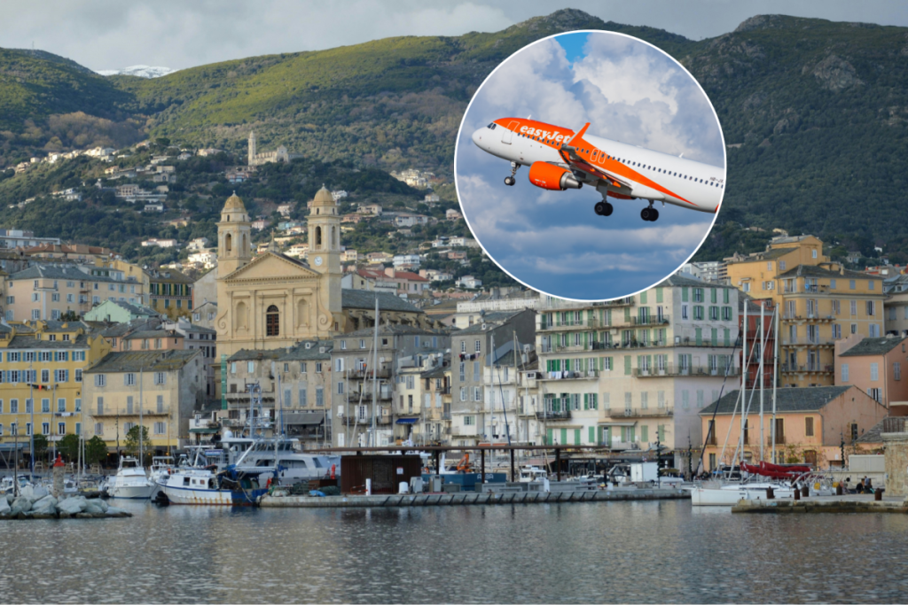 old port in bastia, corsica with easyJet plane flying in sky in circle in top right hand corner