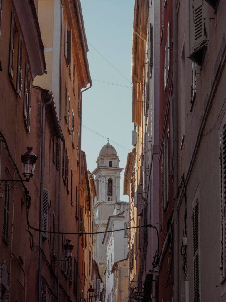 Saint Jean Baptiste church at end of street, Bastia, Corse