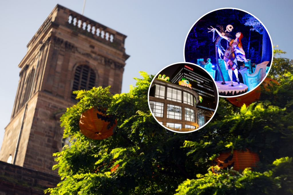 jack o lanterns on tree by manchester cathedral with inflatable monster above arndale building in on circle and tim burton night before christmas characters as part of trail in another circle