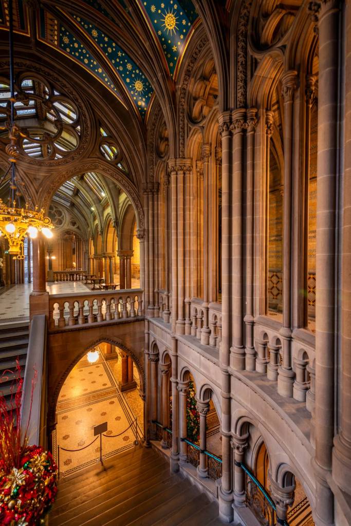 view of staircase and arches inside manchester town hall which will reopen for weddings in 2027