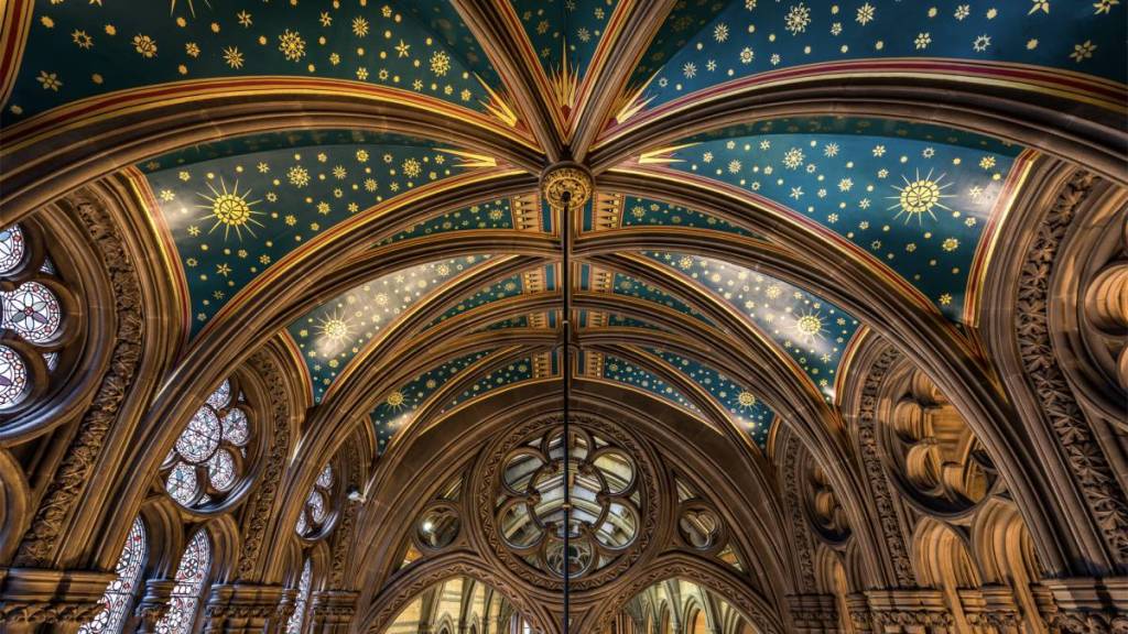 arched ceiling with stars on inside manchester town hall