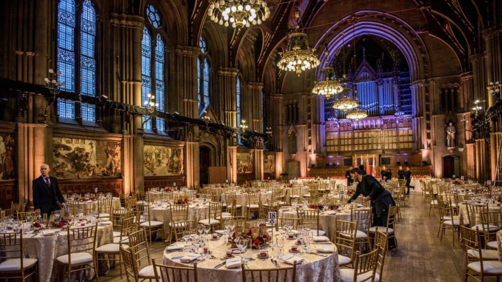 dining tables decorated for wedding at manchester town hall banquet hall