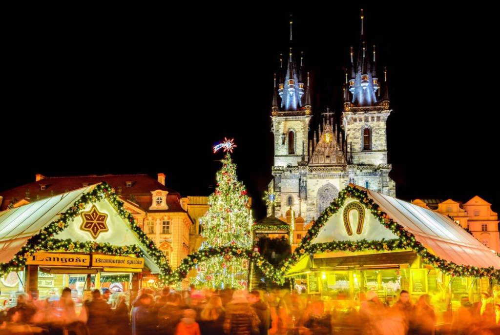 christmas market lit up with colourful lights