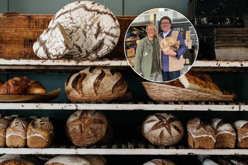 selection of bread loaves on shelves with owners of lovingly artisan holding bread in circle in top right hand corner