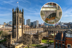 In 2002, archaeologists rediscovered Manchester’s oldest surviving structure underground; the 600-year-old bridge now sits hidden inside a cathedral basement bookshop