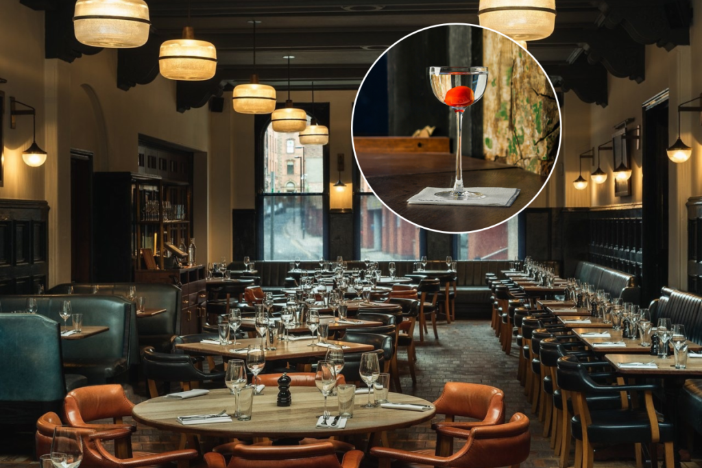 interior inside hawksmoor manchester restauranr with stray tomato martini in circle both taking part in manchester cocktail festival