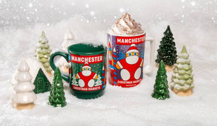 Back in Albert Square for the first time in almost a decade, Manchester’s giant Santa stars on the collectable 2026 Christmas Markets mugs with a £3.50 deposit