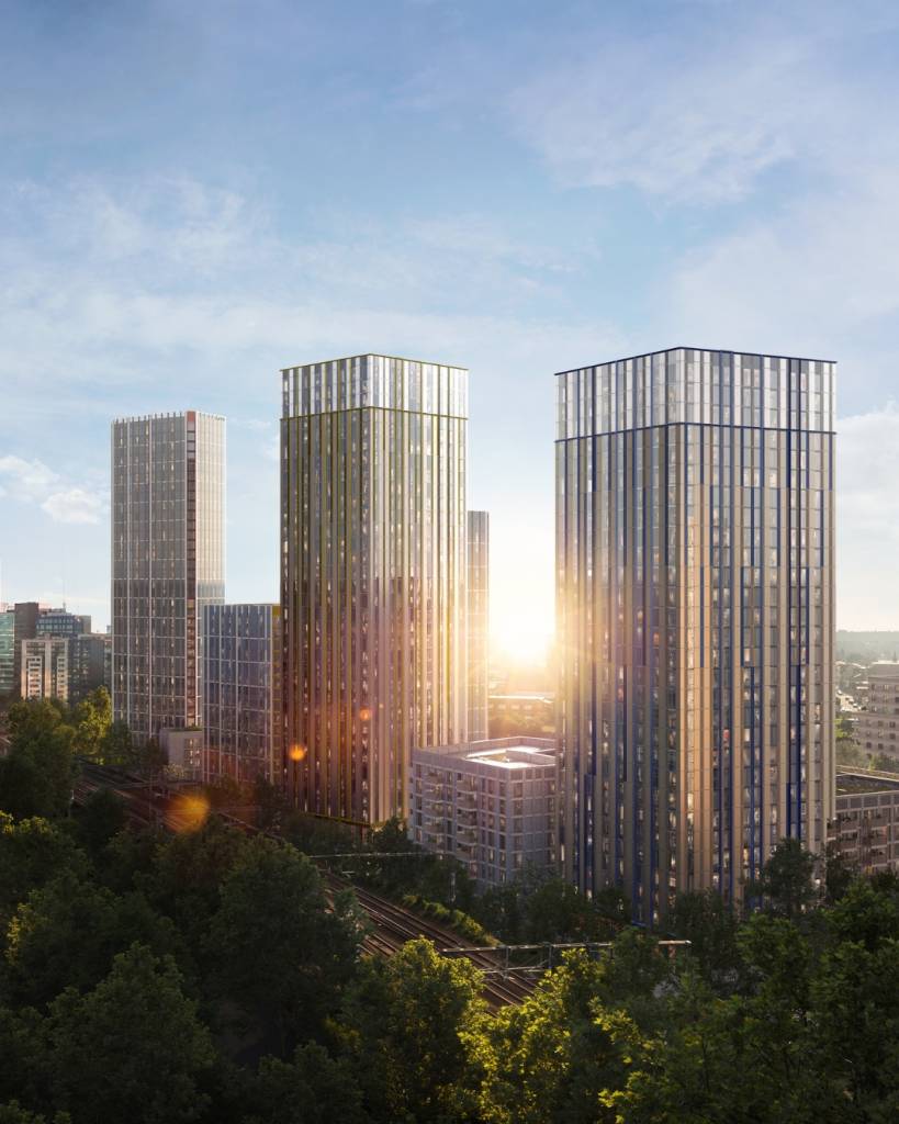 red bank towers in manchester cgis with sunshine over them